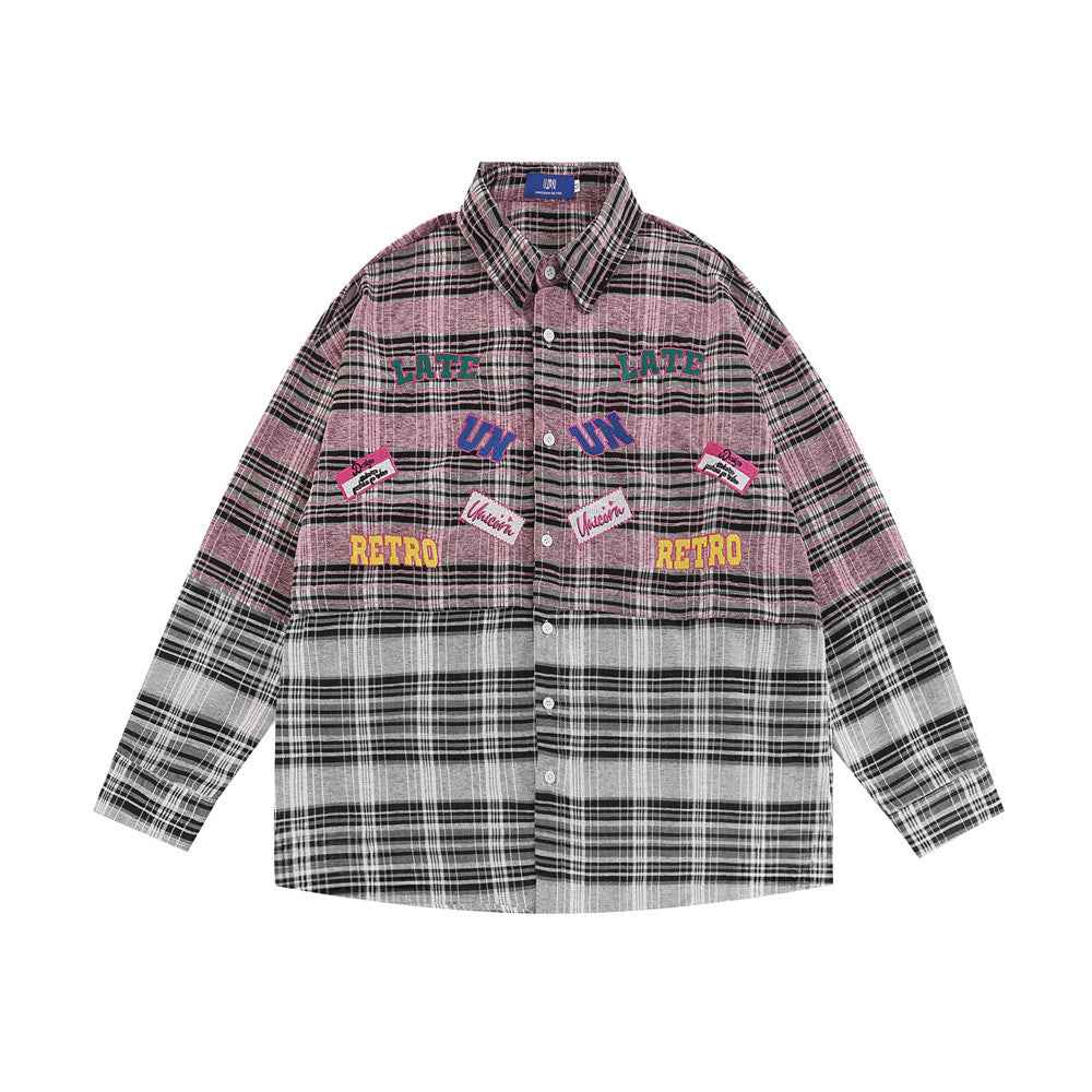 Plaid Women's Stitching Embroidered Letter Long Sleeve Shirt null