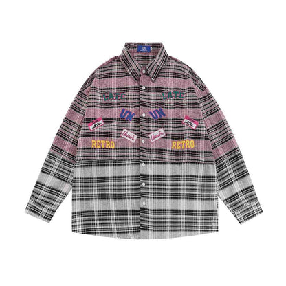 Plaid Women's Stitching Embroidered Letter Long Sleeve Shirt null