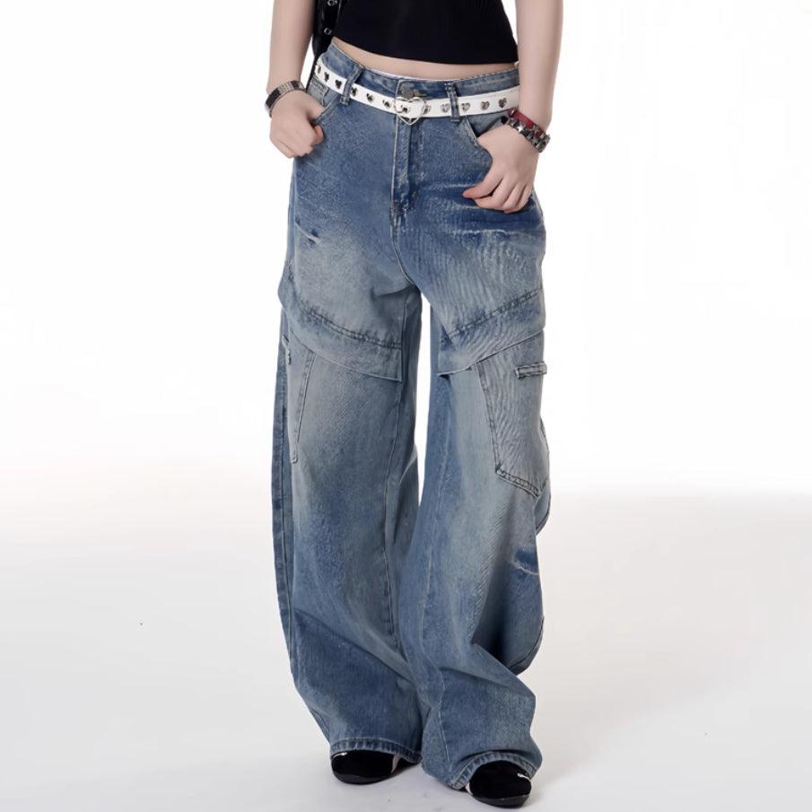 American Retro Multi-pocket Deconstructive Design Jeans For Women null