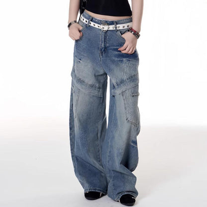 American Retro Multi-pocket Deconstructive Design Jeans For Women null