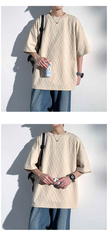 Mid-sleeve Bottoming Shirt Men's Round Neck Jacquard Solid Color Plus Size T-shirt MuddyStock