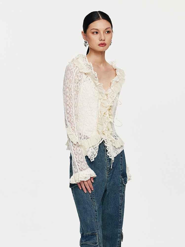 Lace Tie With Fungus Edge Long Sleeved Pullover For Women null