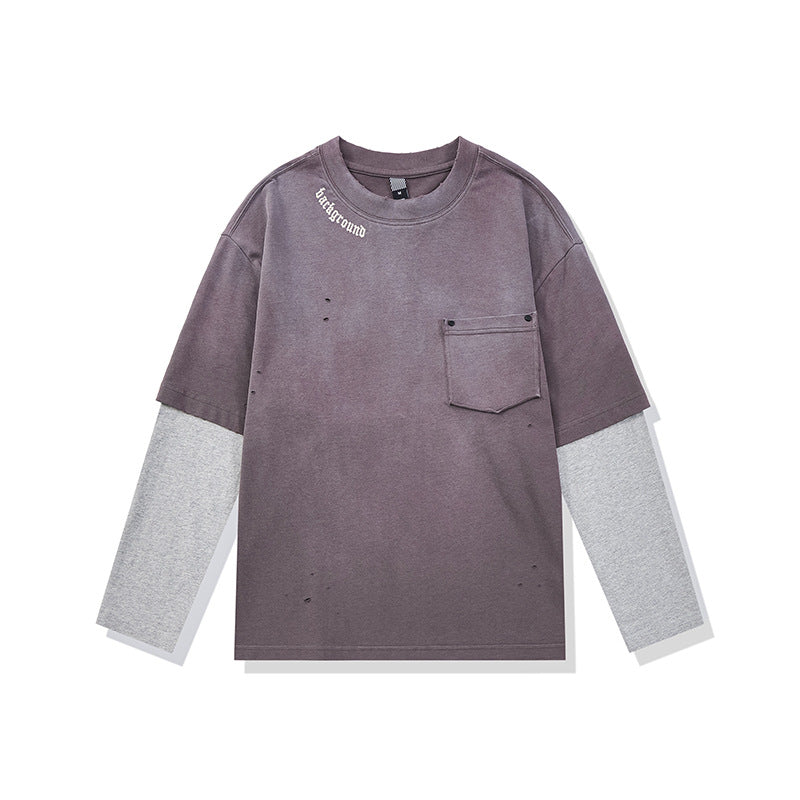 Washed Distressed Printed Faux Two-Piece Loose Long Sleeve T-Shirt For Men Plum Purple