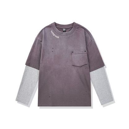 Washed Distressed Printed Faux Two-Piece Loose Long Sleeve T-Shirt For Men Plum Purple