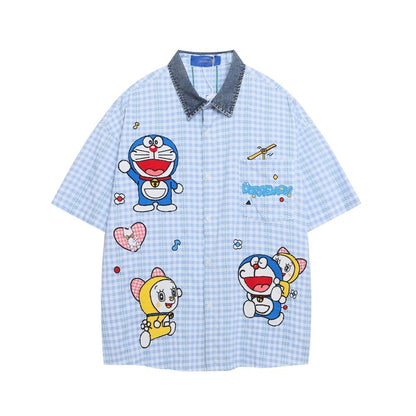 Cartoon Doraemon Plaid Short Sleeve Shirt For Women | MuddyStock Originals Blue eprolo