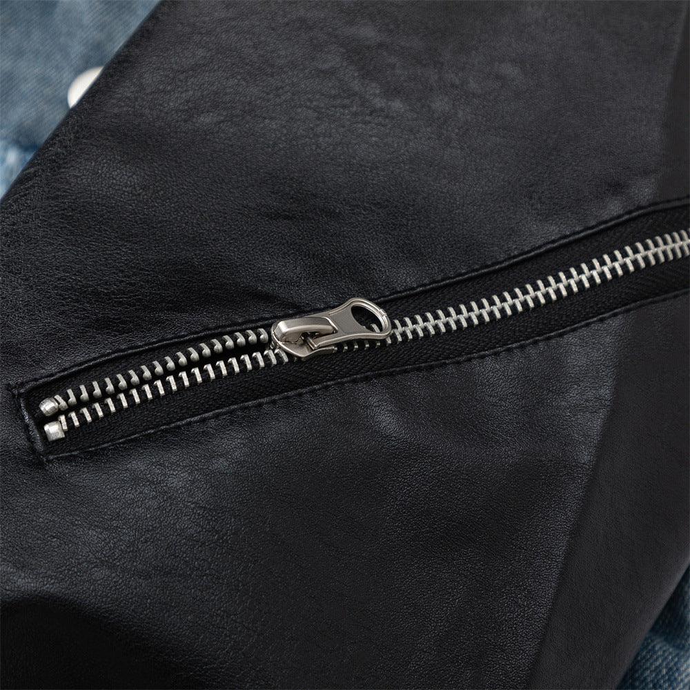 European And American Style Stitching PU Leather Sleeve Denim Jacket For Women null