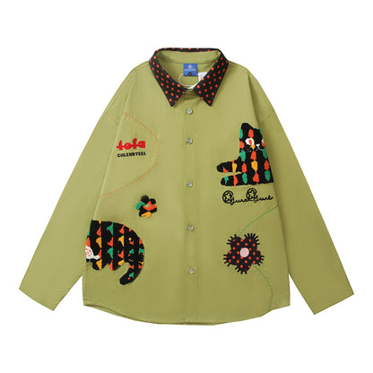 Fun Creative Embroidery Color Block Long Sleeve Shirt Unisex Versatile Couple Blouse Jacket eprolo