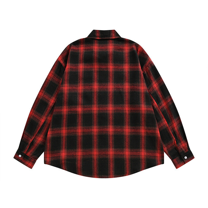 Oversized Plaid Long Sleeve Collared Shirt with Cross and Letter Print