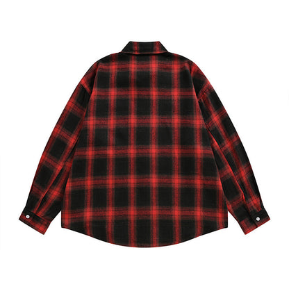 Oversized Plaid Long Sleeve Collared Shirt with Cross and Letter Print