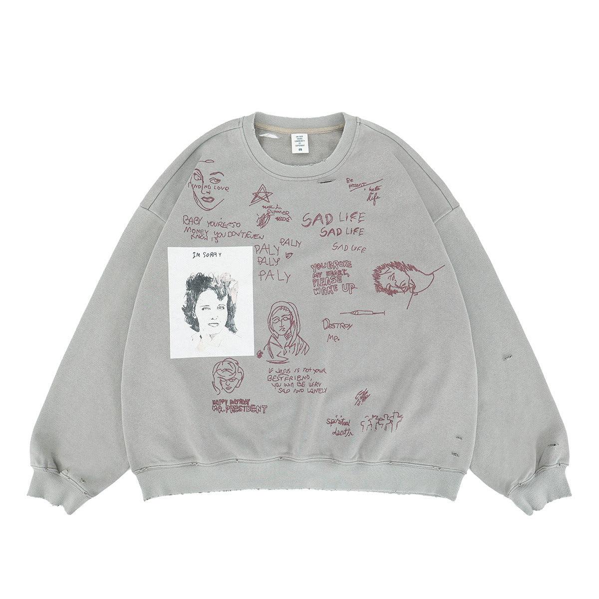 Streetwear Graphic Print Distressed Fleece Crewneck Sweatshirt For Men And Women | MuddyStock Originals