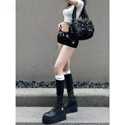 Y2K Style High-Waisted Fitted Straight-Leg Shorts For Women | MuddyStock Originals WJ300 Black
