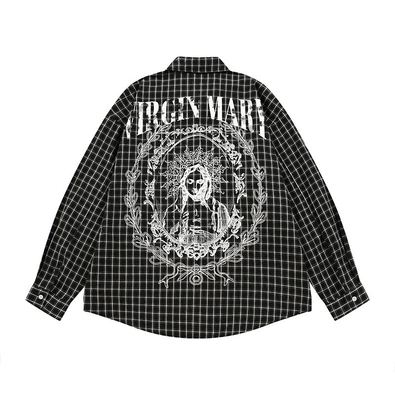 Men's Hip-hop Portrait Plaid Long Sleeve Turn-down Collar Shirt