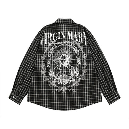 Men's Hip-hop Portrait Plaid Long Sleeve Turn-down Collar Shirt