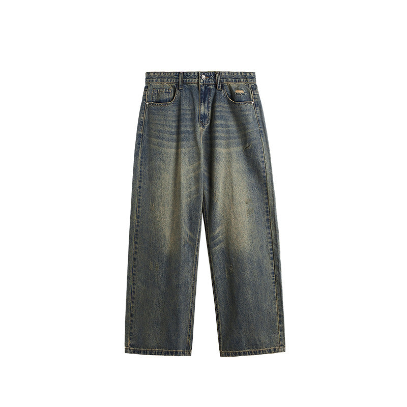 Retro Cat Beard Distressed Wide Leg Jeans For Men Blue MuddyStock