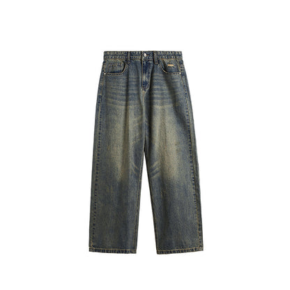 Retro Cat Beard Distressed Wide Leg Jeans For Men Blue MuddyStock