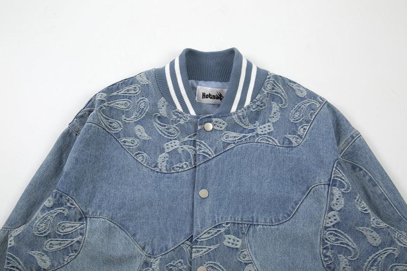 Torn Patchwork Cashew Flower Denim Jacket For Men And Women null