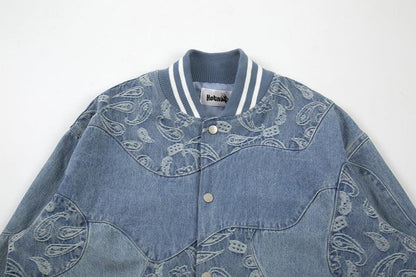 Torn Patchwork Cashew Flower Denim Jacket For Men And Women null