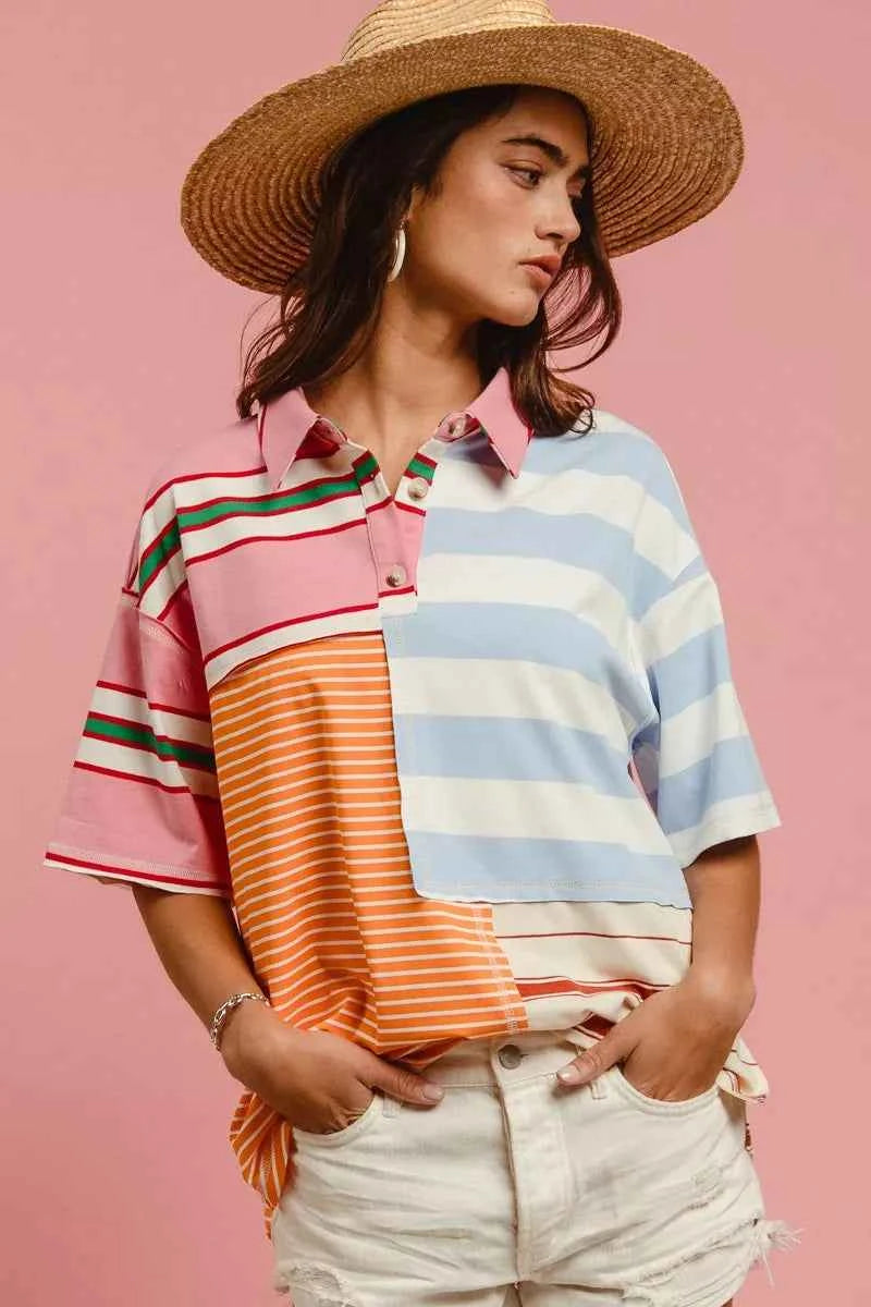 Mix And Match Stripe Color Block T-shirt For Women Trendsi