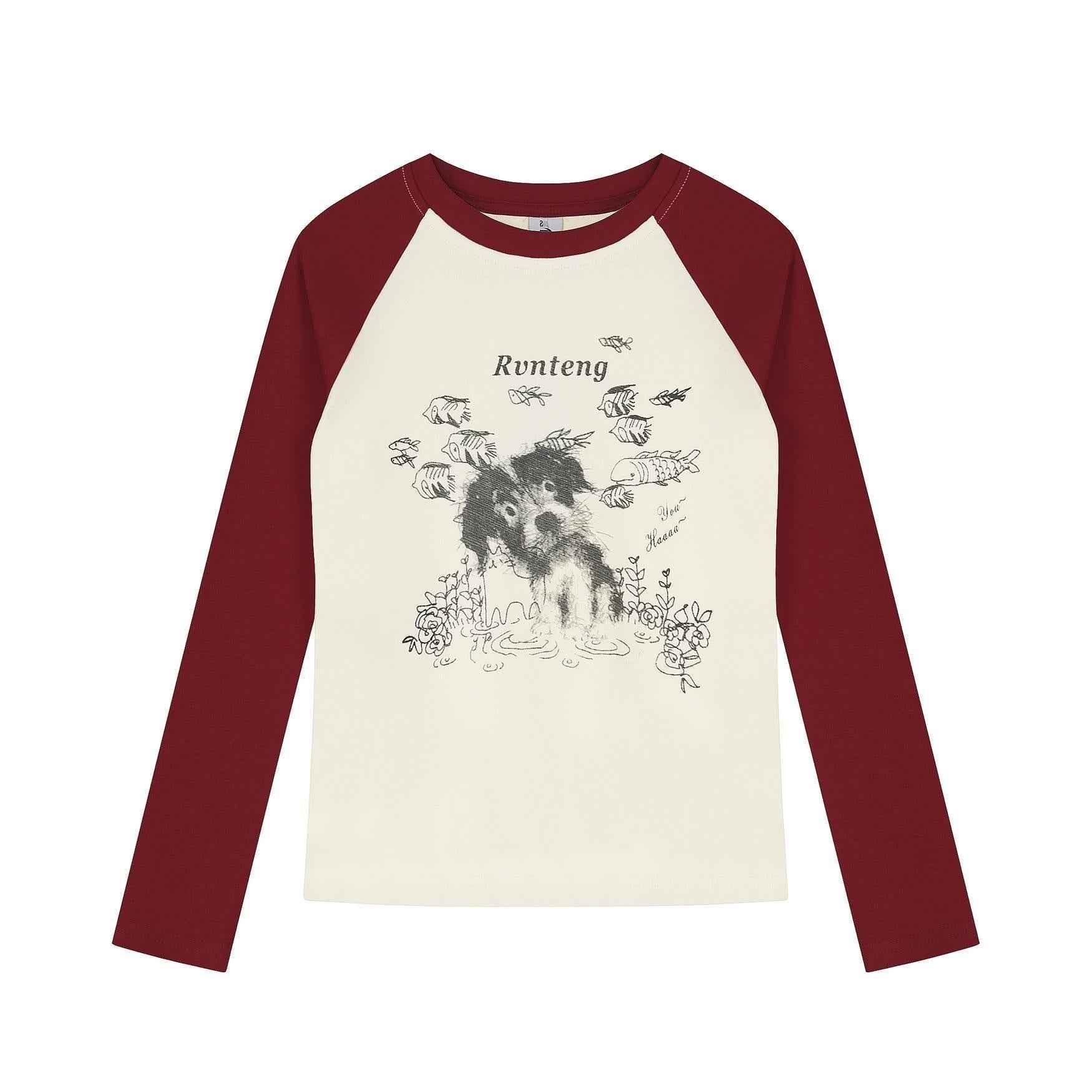 cartoon puppy long sleeved T-shirt for women | MuddyStock Originals Red