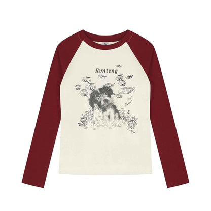 cartoon puppy long sleeved T-shirt for women | MuddyStock Originals Red