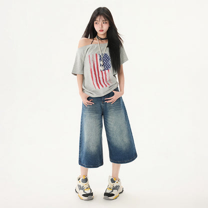 Women's Washed Seven-Quarter Denim Pants Loose Straight Wide-Leg Mid-Length Trousers