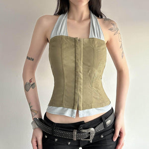 Fake two-piece sleeveless U-neck halter top for women | MuddyStock Originals Khaki