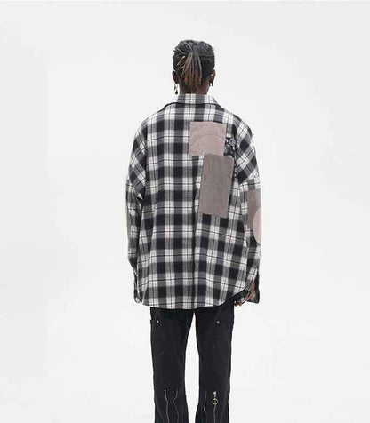 Street Hip Hop Fabric Patchwork Plaid Loose Casual Long Sleeve Shirt For Men null