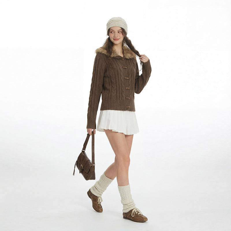 Fitted Slimming Stylish Knit Jacket with Fur Collar For Women | MuddyStock Originals