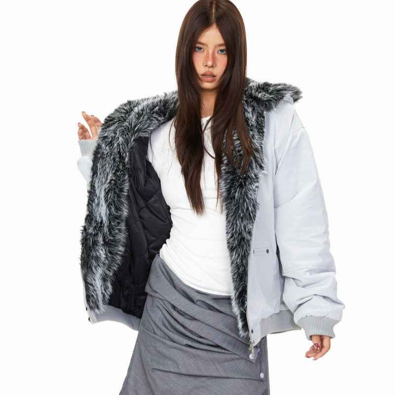 Fur Collar Hooded Cotton Jacket For Women Gray