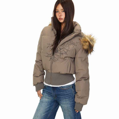 Detachable Fur Collar Printed Hoodie For Women MuddyStock