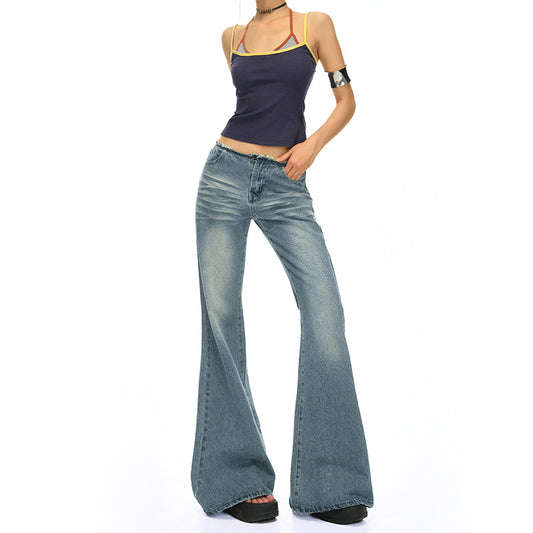Retro Blue Low-Waist Spicy Girl Denim Pants Women Non-Thigh-Sticking Slim Fit Versatile Drape Flare Jeans