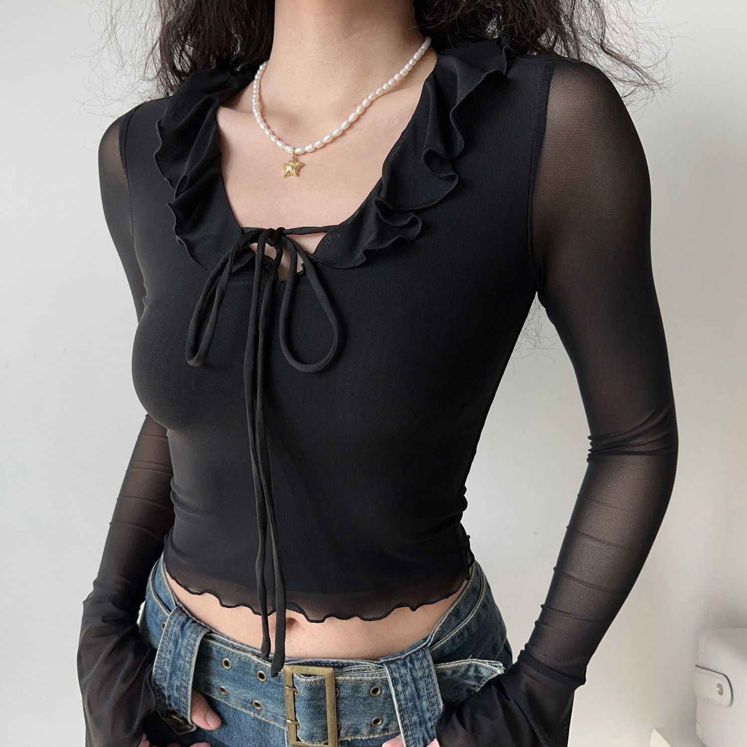 V-Neck Mesh Sheer Top for Women | MuddyStock Originals Black MuddyStock