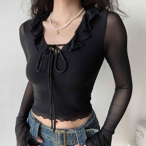 V-Neck Mesh Sheer Top for Women | MuddyStock Originals Black