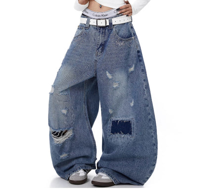 Women's Distressed Patch Washed Curved Blade Jeans Blue XL