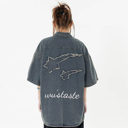 Fashion Punk Denim Short Sleeve Shirt Women MuddyStock