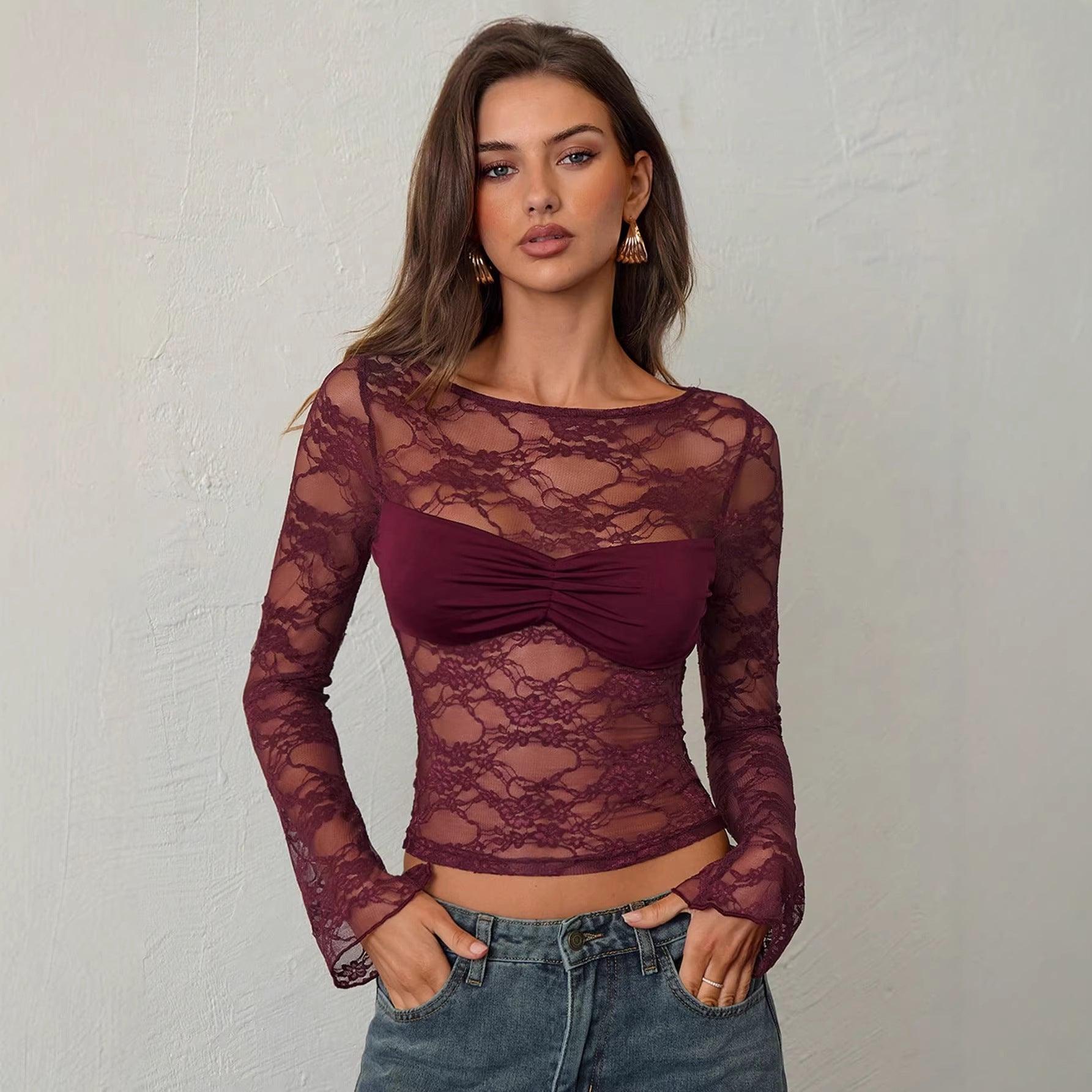 Women's Lace Sheer Long-Sleeve Top For Women