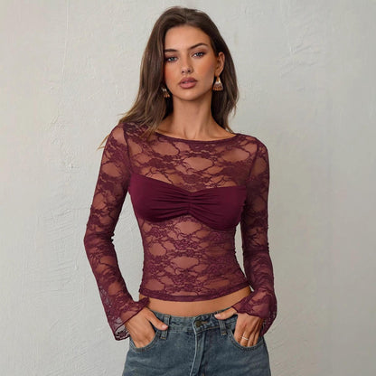 Women's Lace Sheer Long-Sleeve Top For Women