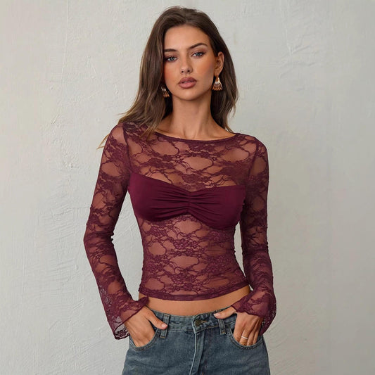 Women's Lace Sheer Long-Sleeve Top For Women