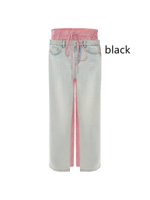 Patchwork Pink Plaid Women's Jeans Black