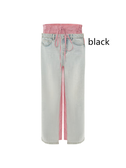 Patchwork Pink Plaid Women's Jeans Black