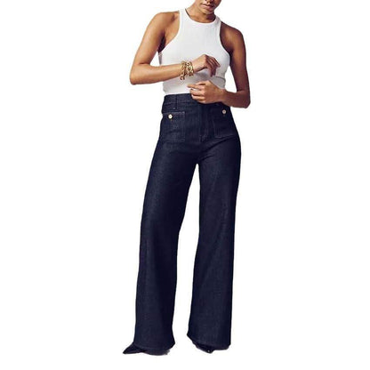 Women's Loose Leisure Washed-out Button Wide-leg Skinny Jeans Dark Blue Lengthened MuddyStock