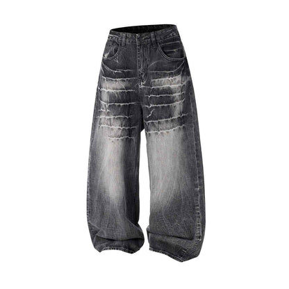 Retro Washed Distressed Loose-fit Wide-leg Denim Pants For Men And Women
