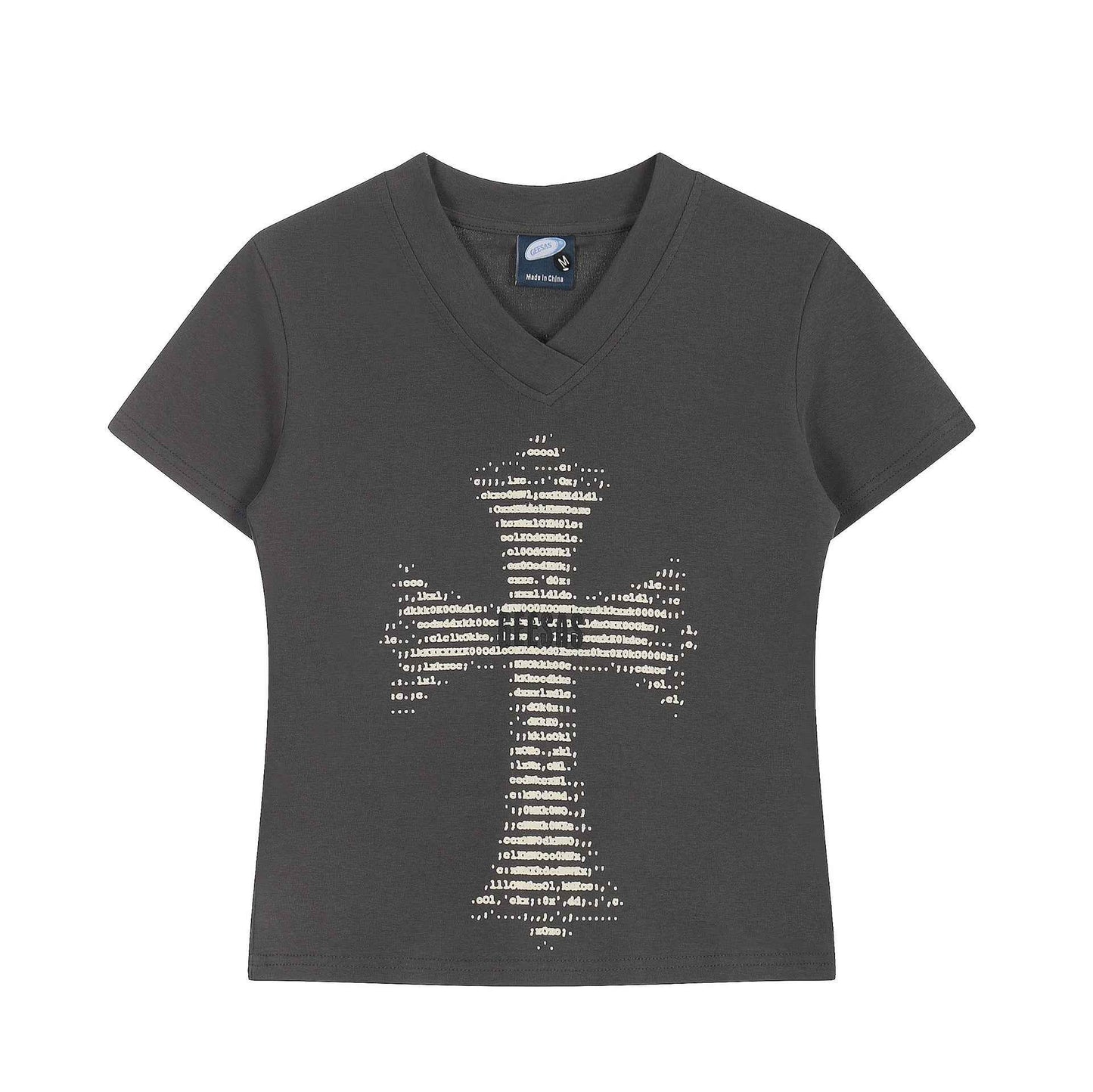 Print V-Neck Short Sleeve T-Shirt, Shoulder Length, Casual Style Dark Gray