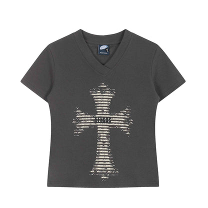 Print V-Neck Short Sleeve T-Shirt, Shoulder Length, Casual Style Dark Gray