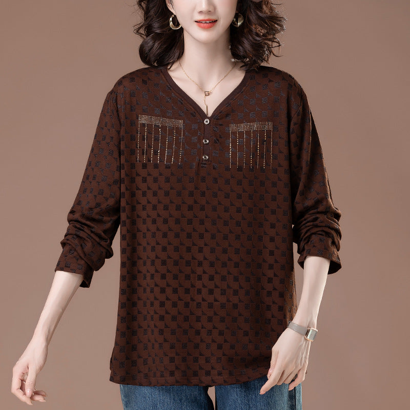 V-neck long sleeved T-shirt for women Coffee