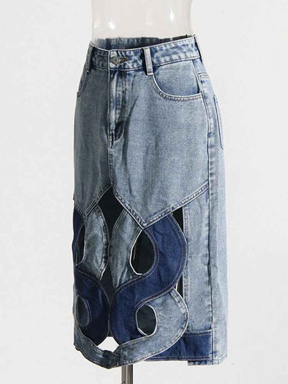 Patchwork Denim Hollow A-line High Waist Button Bottom Skirt | MuddyStock Originals