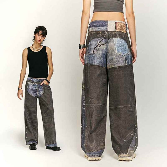 Leather Patchwork Digital Printing Jeans Brand Wide Leg Jeans MuddyStock