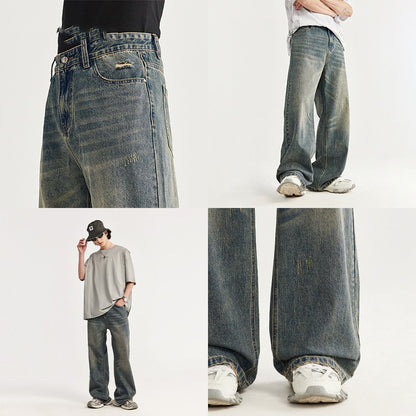 Retro Cat Beard Distressed Wide Leg Jeans For Men MuddyStock