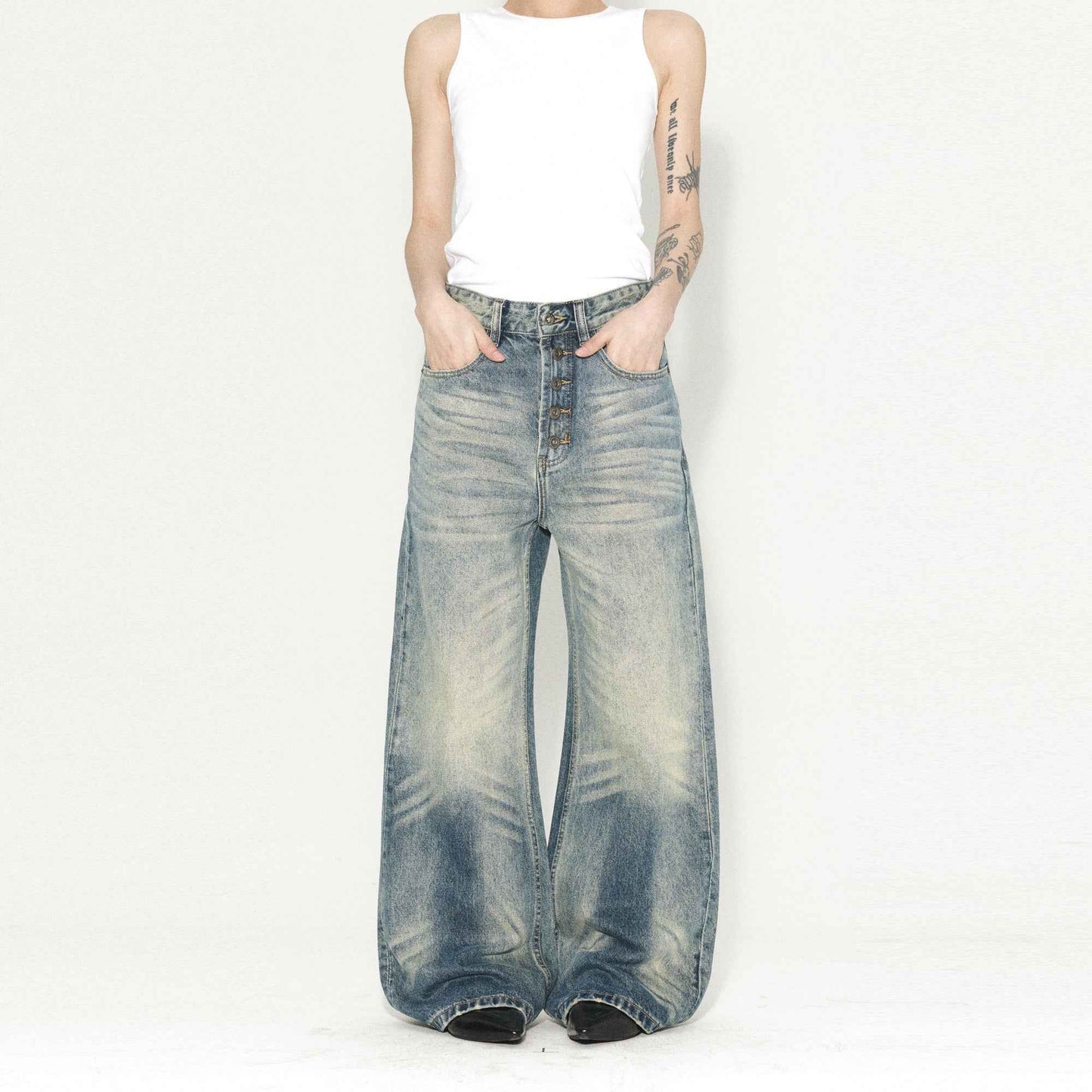 Retro Zipped Five Button Jeans For Men And Women Blue