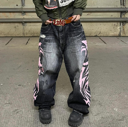 High Street Denim Shorts Jaded Same Style Totem Print Ripped Wide Leg Pants Loose Three-Quarter Pants Trendy Long Pants (Black Grey)